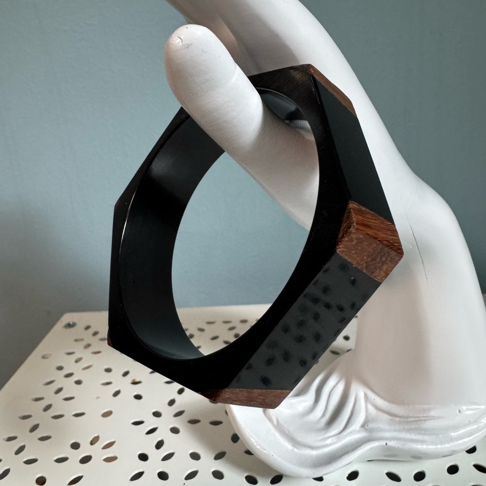 Retro Black and Brown Wooden Geometric Bangle Bracelet